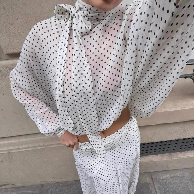 Polka Dot Skirt 2 Piece Set Women Casual High Collar Tie Full Sleeves Elastic High Waist Long Skirt Suit Lady Daily Outfit New