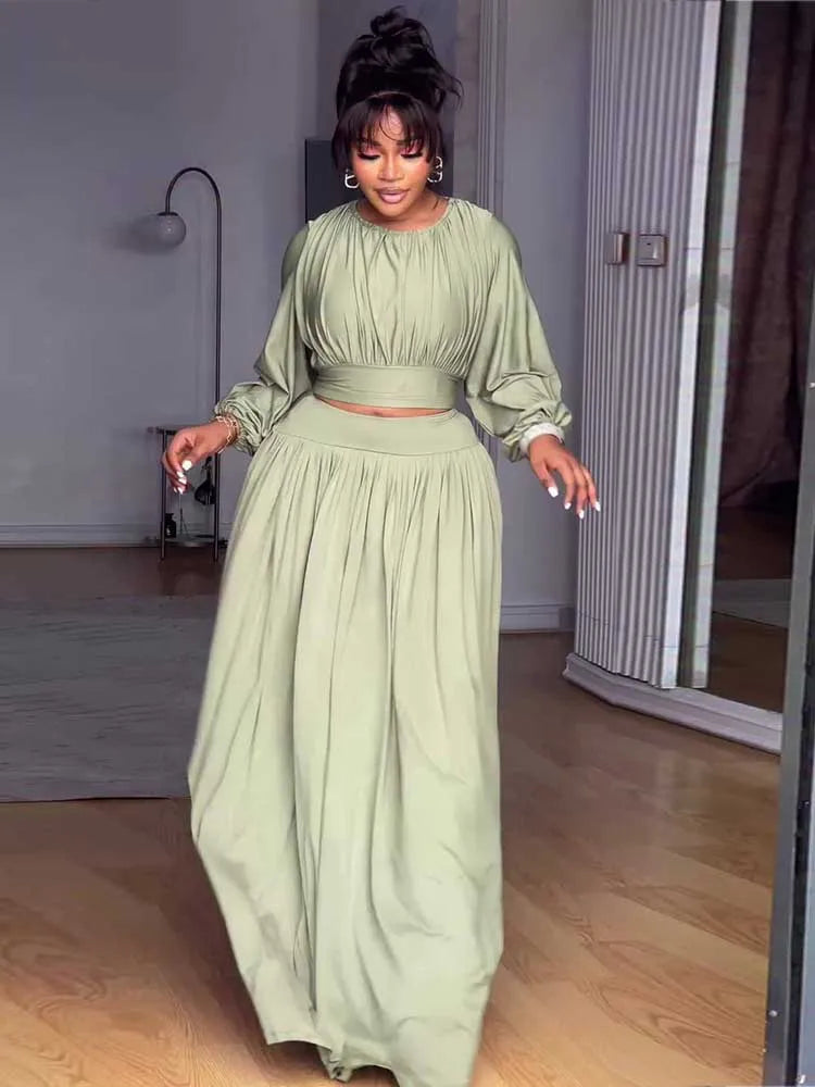 Women's Clothing Autumn 2-piece Long Sleeve Top and Long Skirt Set Casual Dress
