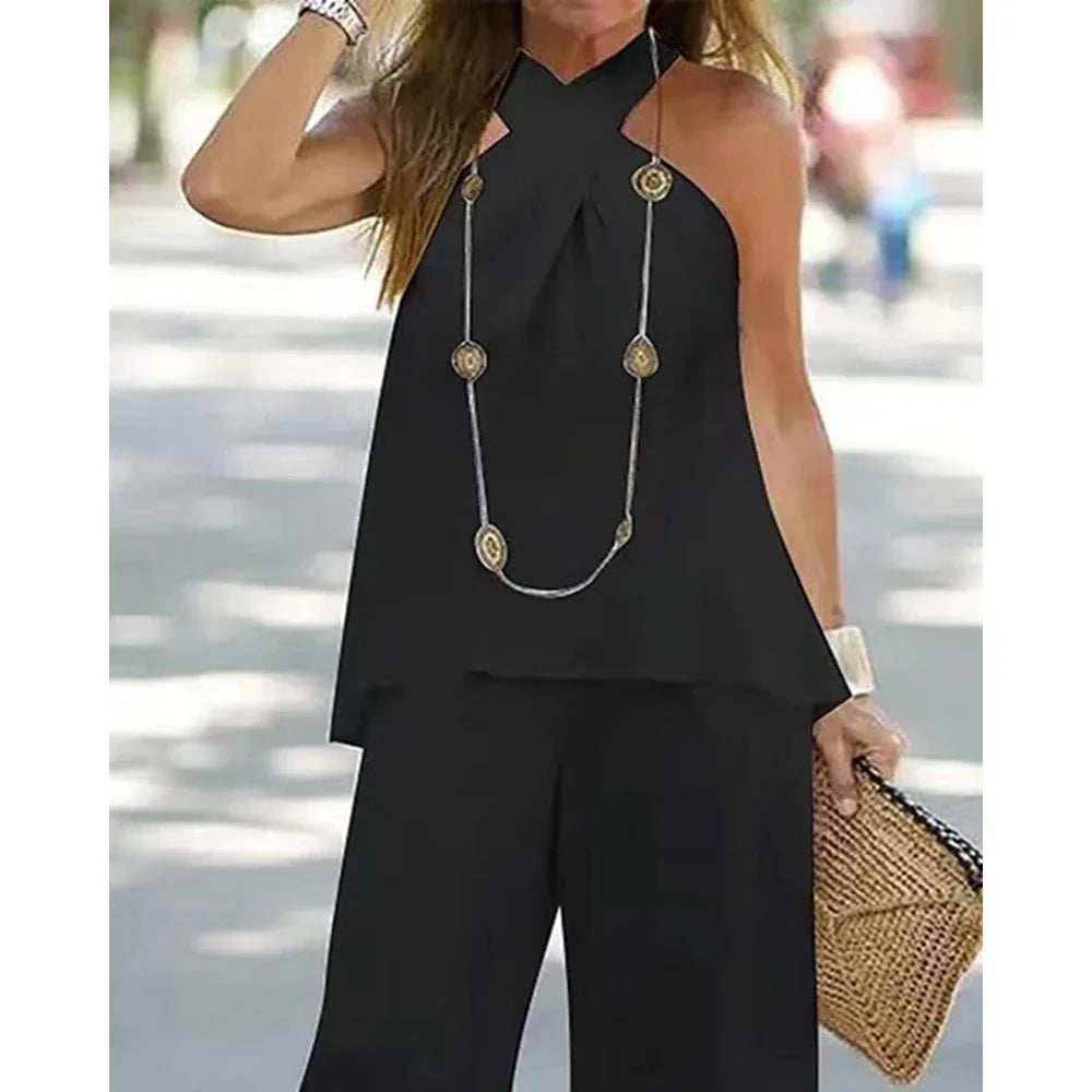 Women's Two-Piece Set Halter Sleeveless V-Neck Top & High Waist Pants Casual Fashion Loose Outfits