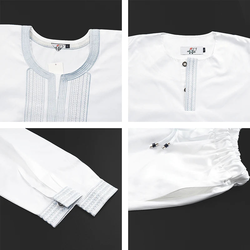 Boys White Blue Long Sleeve Tops Embroidery Dashiki Robe Shirt And Pant Set 3 PCS
