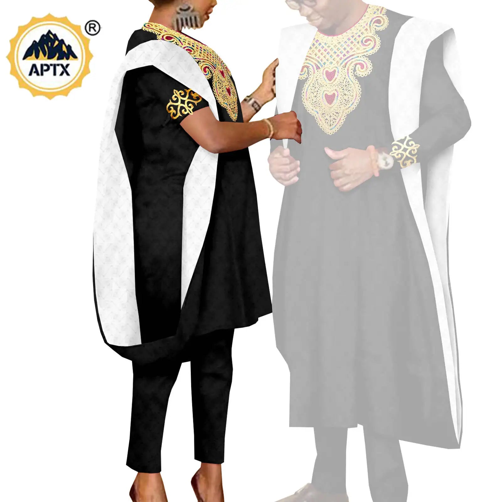 African 3 Pieces Suit for Men Matching Couple Outfits Agbada Dashiki Women Muslim Sets Bazin Riche Applique Robes Asoebi Y23C029
