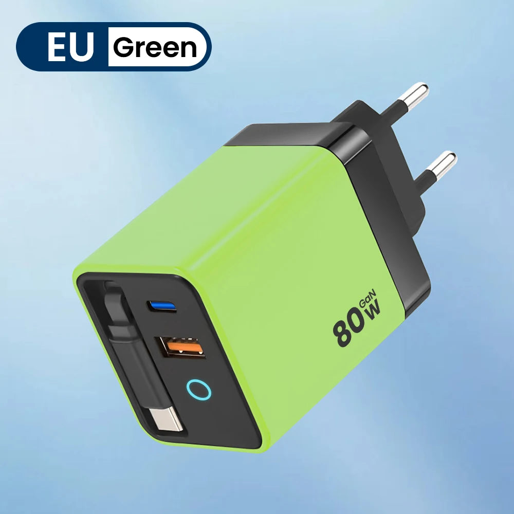 80W Super Fast Charge Type C USB Phone Charger With Telescopic USB C Cable For Iphone 16 15 Samsung Laptop With Light