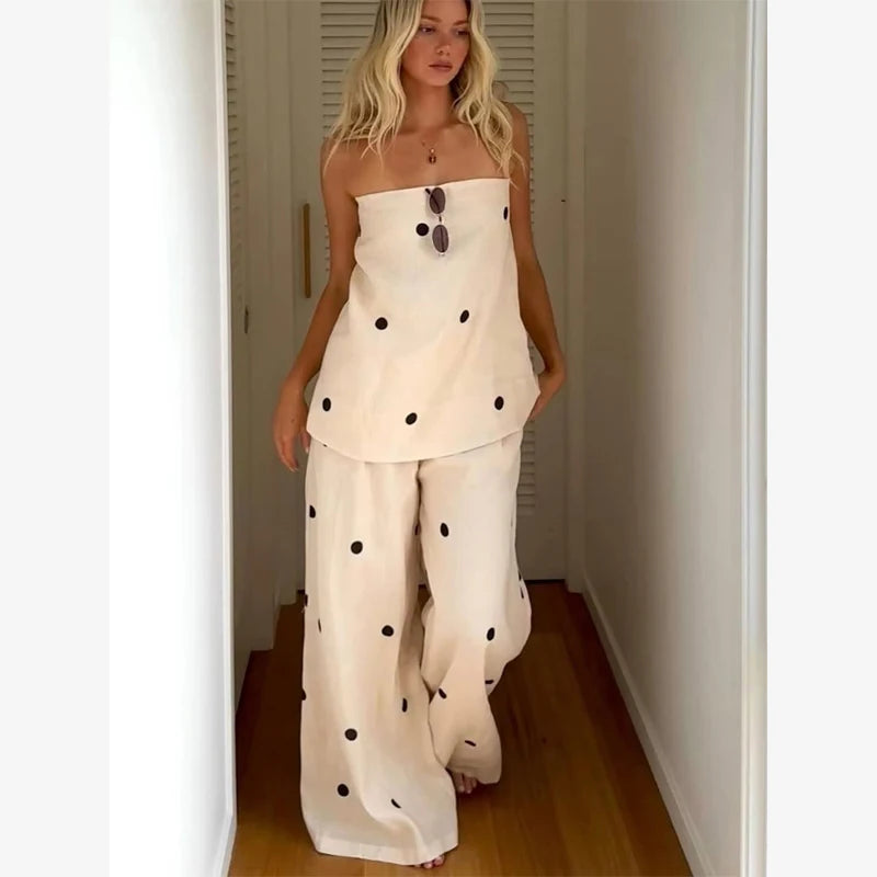 Polka Dot Skirt 2 Piece Set Women Casual High Collar Tie Full Sleeves Elastic High Waist Long Skirt Suit Lady Daily Outfit New