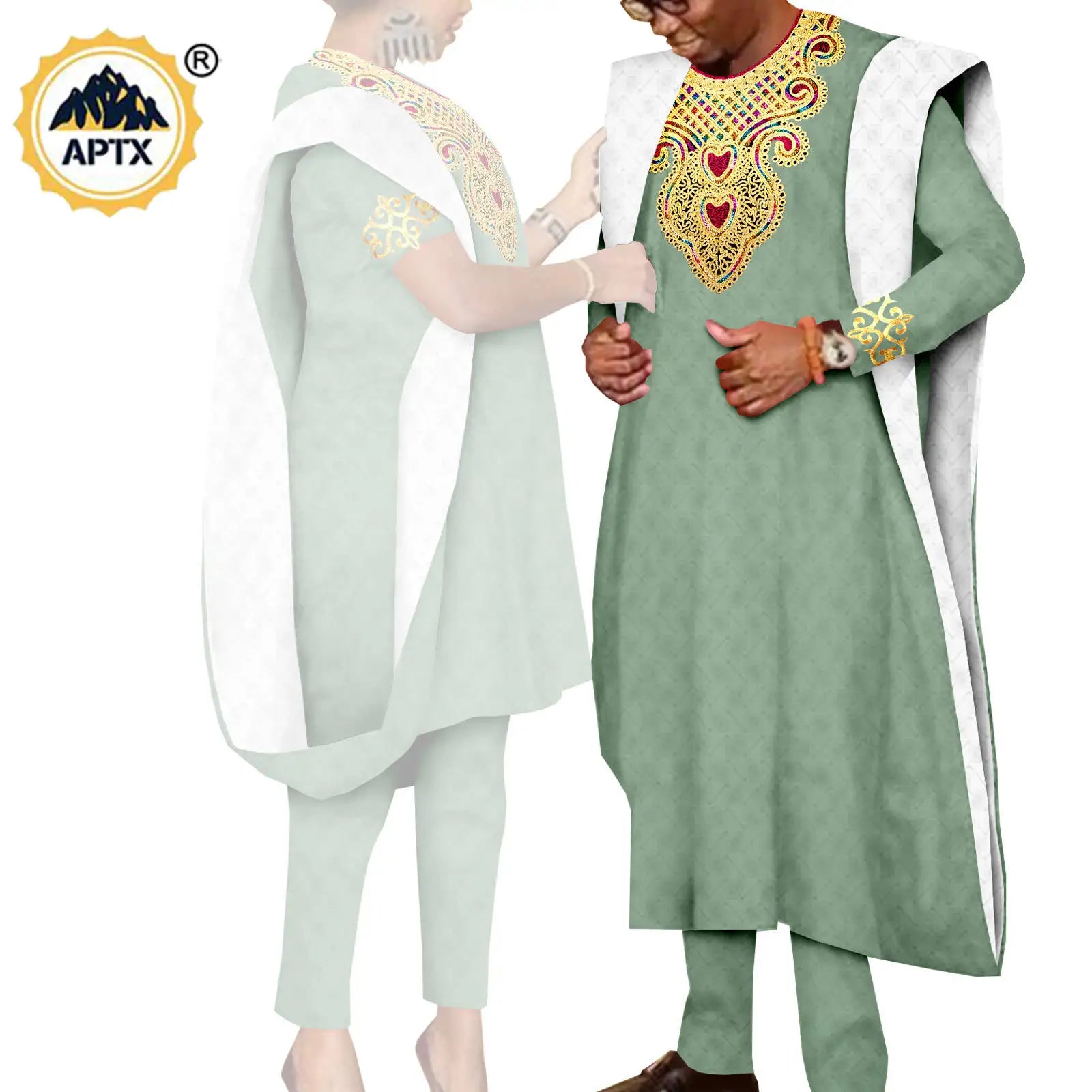 African 3 Pieces Suit for Men Matching Couple Outfits Agbada Dashiki Women Muslim Sets Bazin Riche Applique Robes Asoebi Y23C029