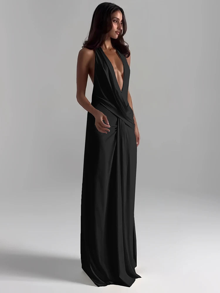 Sexy Backless Long Dress Women Halter Deep V-Neck Sleeveless High Splits Hem New Trend Pool Style Elegant Vestidos