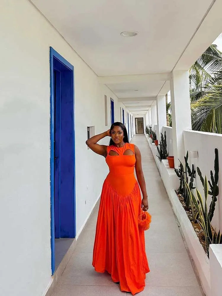 Women's Hollow Out Knitted Maxi Beautiful Orange Elegant Party Dress