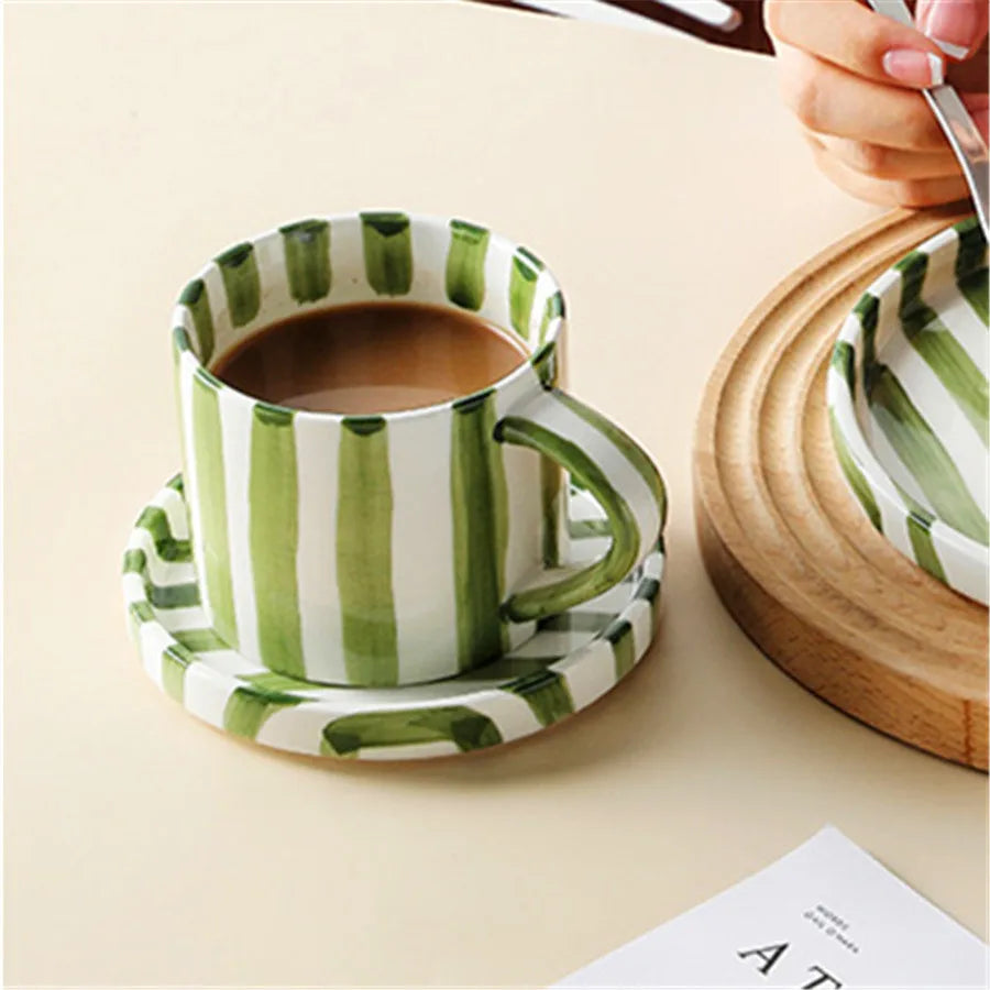 Minimalist Striped Ceramic Cup & Plate Set | 280ml Coffee Tea Cup |