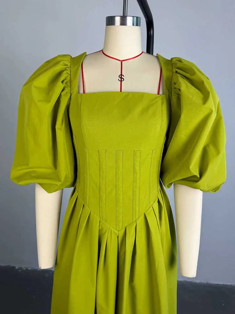 Women Ruched Sleeves Spring High Waist Elegant Slash Neck Long Sexy Green Dress