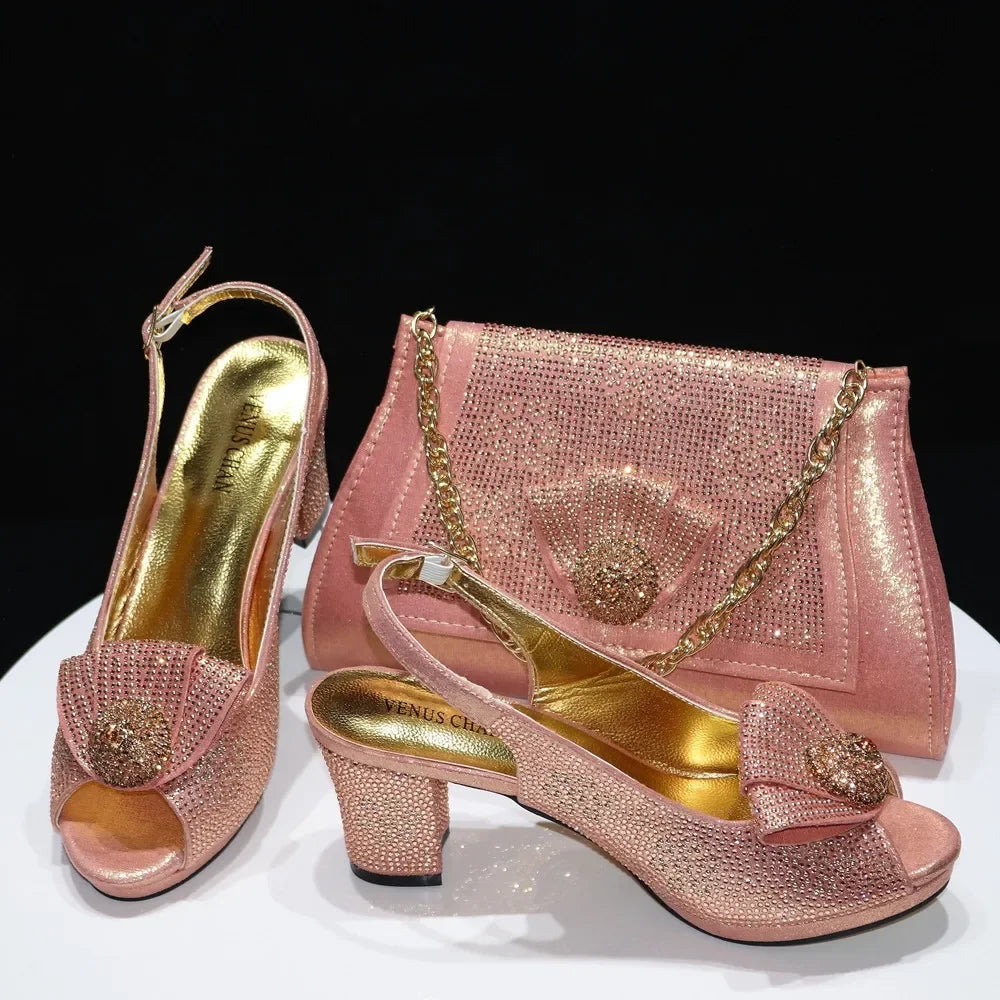 Italian Design Girly Style Golden Color Wedding Shoes And Bag Full Diamond Decoration Metal Closure Bags