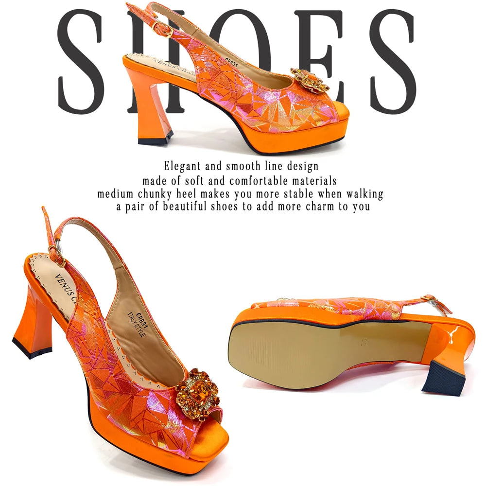 Elegant Women Heels for Peep Toe Good Material Design Rhinestone Fuchsia Sandals Italian Shoes and Bags