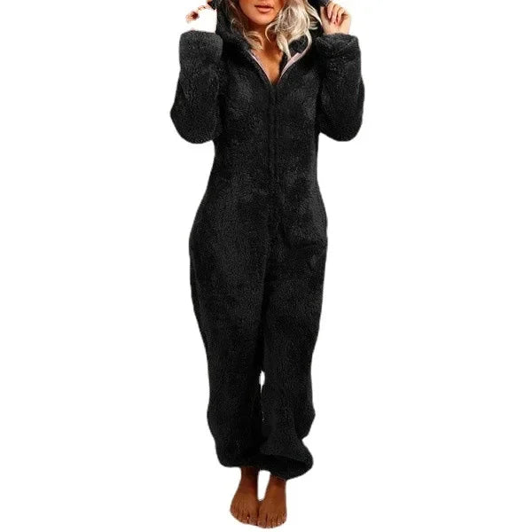 Autumn Winter Thick Fleece Women's Onesie Pajamas with Hat Casual Style Comfortable Soft Fabric