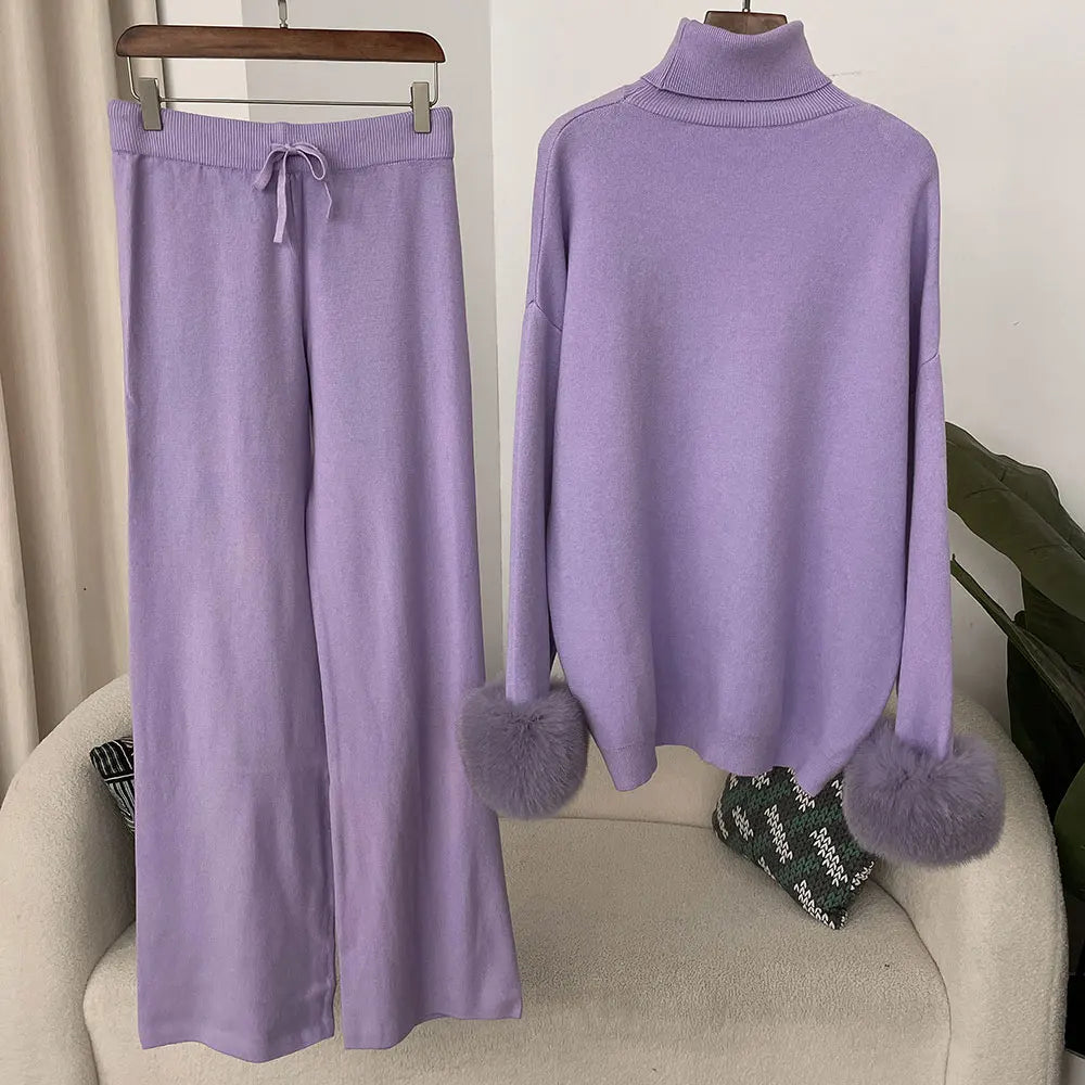 Fashion Autumn Winter Natural Real Fox Fur Cuffs Coat Knitted Sweater Women