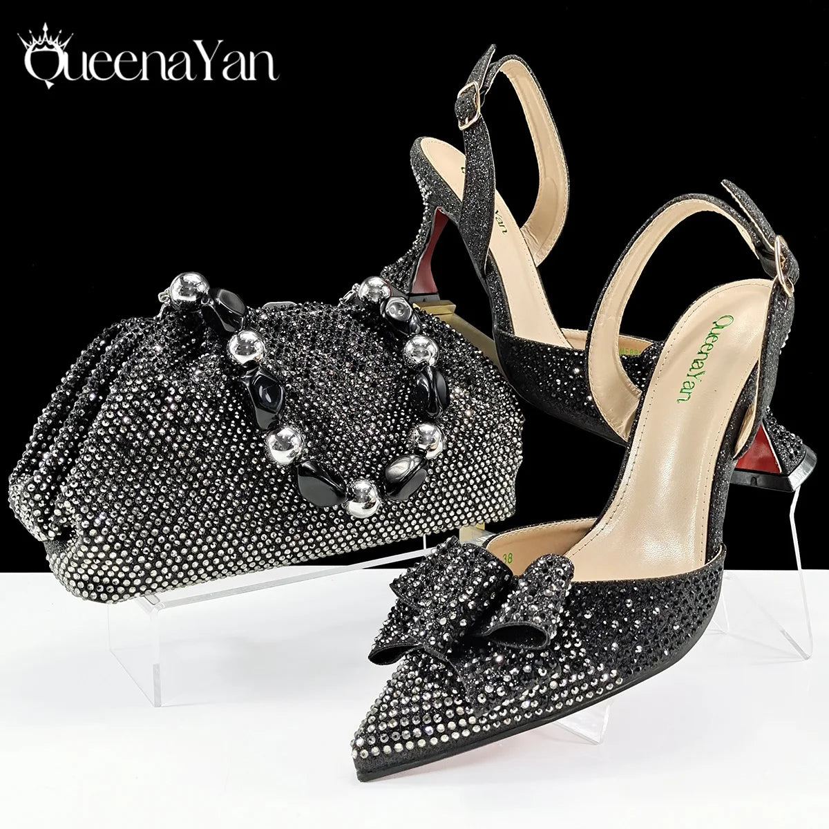 Shiny Italian Fashion Pointed Toe Women High Heel Shoes Mixed Color Effect Rhinestone Decoration Shoes And Bag Set