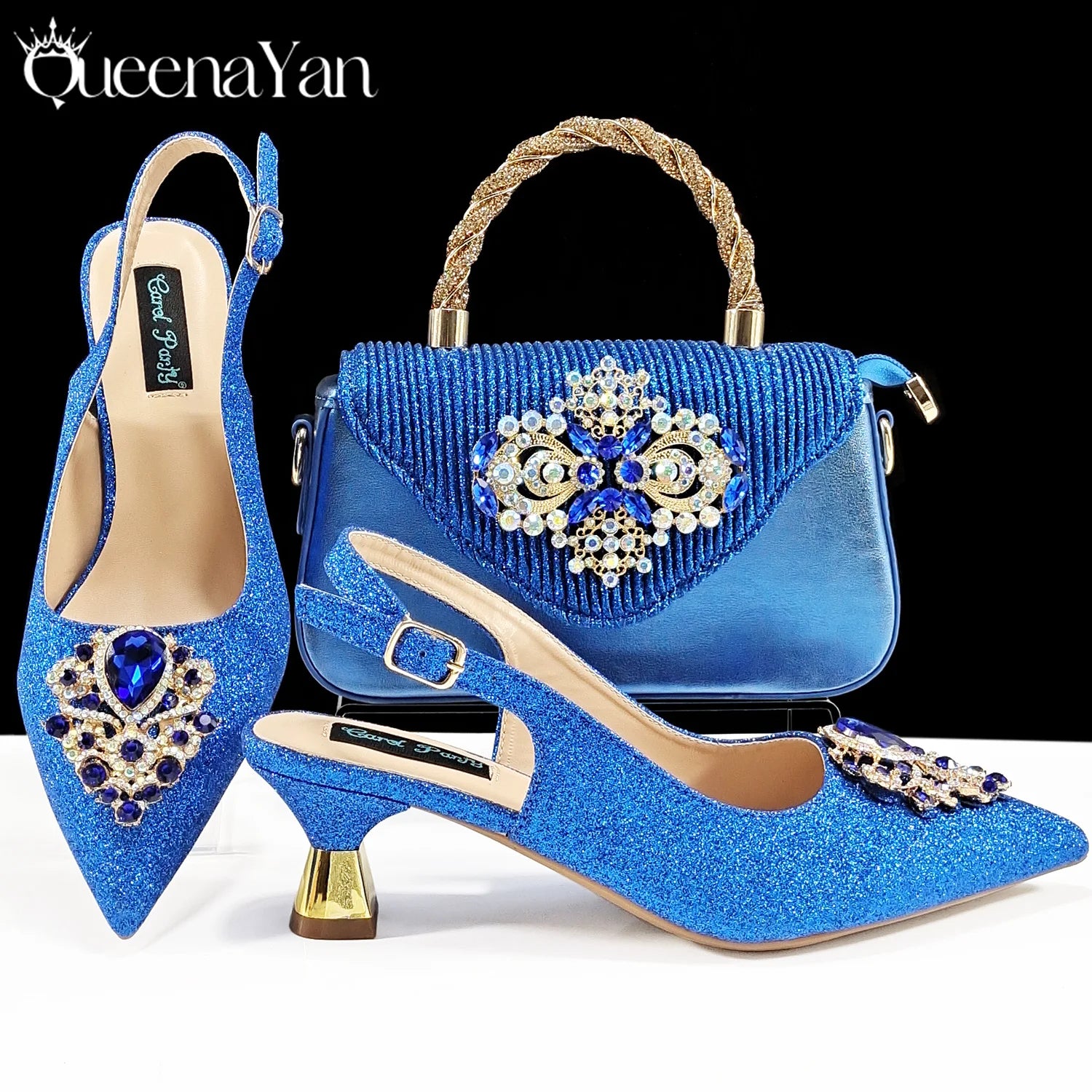 Italian Design Girly Style Silver Color Pointed Toe Wedding Shoes And Bag Full Diamond Decoration Handle Bag