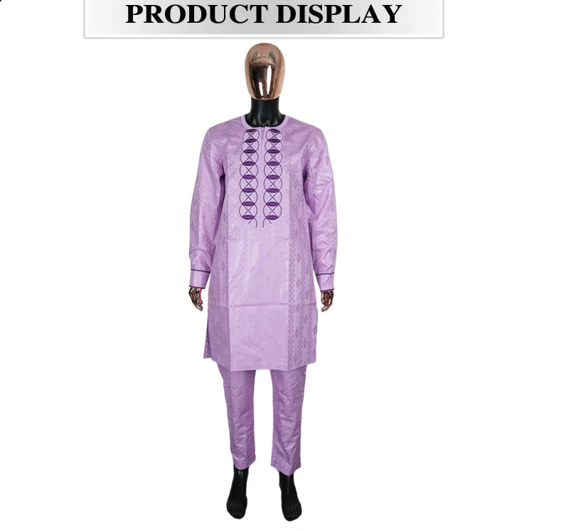 Men's African Agbada 2-Piece Set | Purple Bazin Riche Embroidery Suit | Wedding & Party