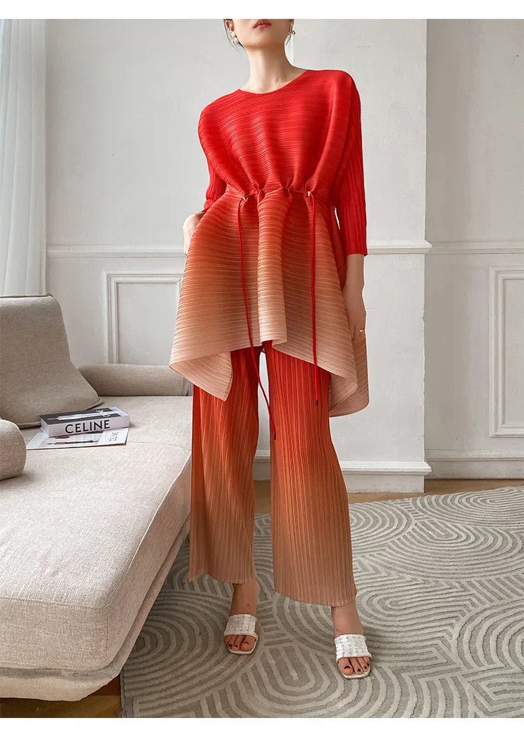 Miyake Fold Suit for Women 2024 Spring Summer Loose Foreign Style Two-piece Fashion Meat Shield Wide-leg Pants Two-piece Set