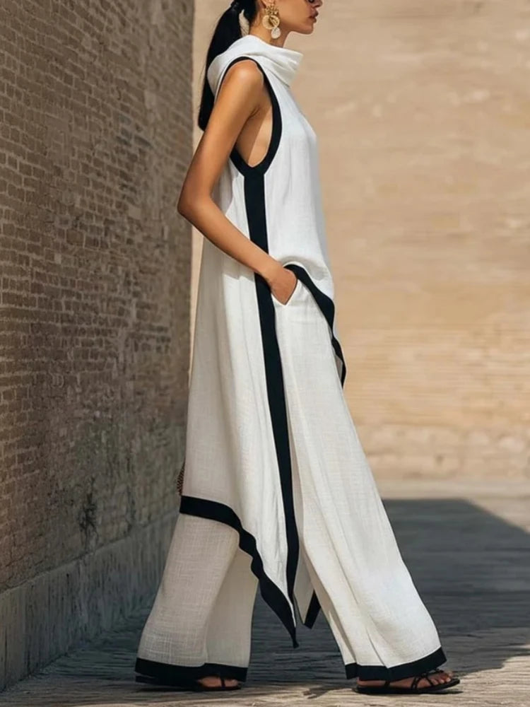 Women's Two-piece Sleeveless Contrasting Color Wide-leg Trousers Summer Casual Fashion Solid Color Irregular Suit For Women