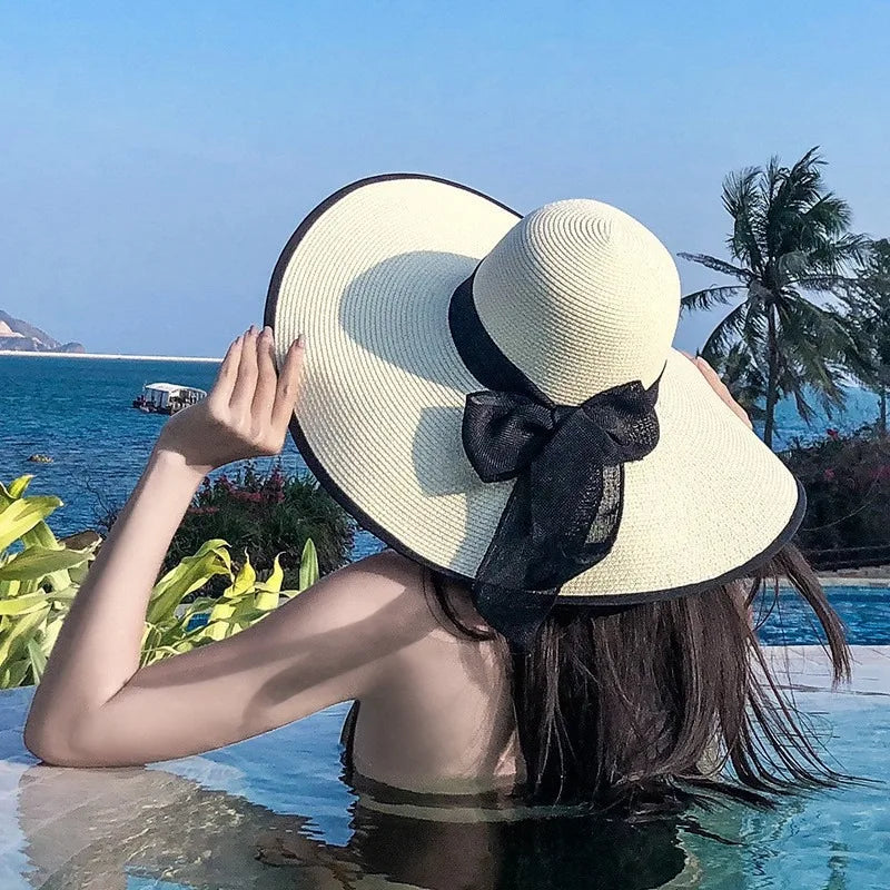 Women's Oversize Brim Straw Hat Women's Summer Sun Block Big Brim Hat Seaside Bow Beach Hat Suitable For Sun Protection