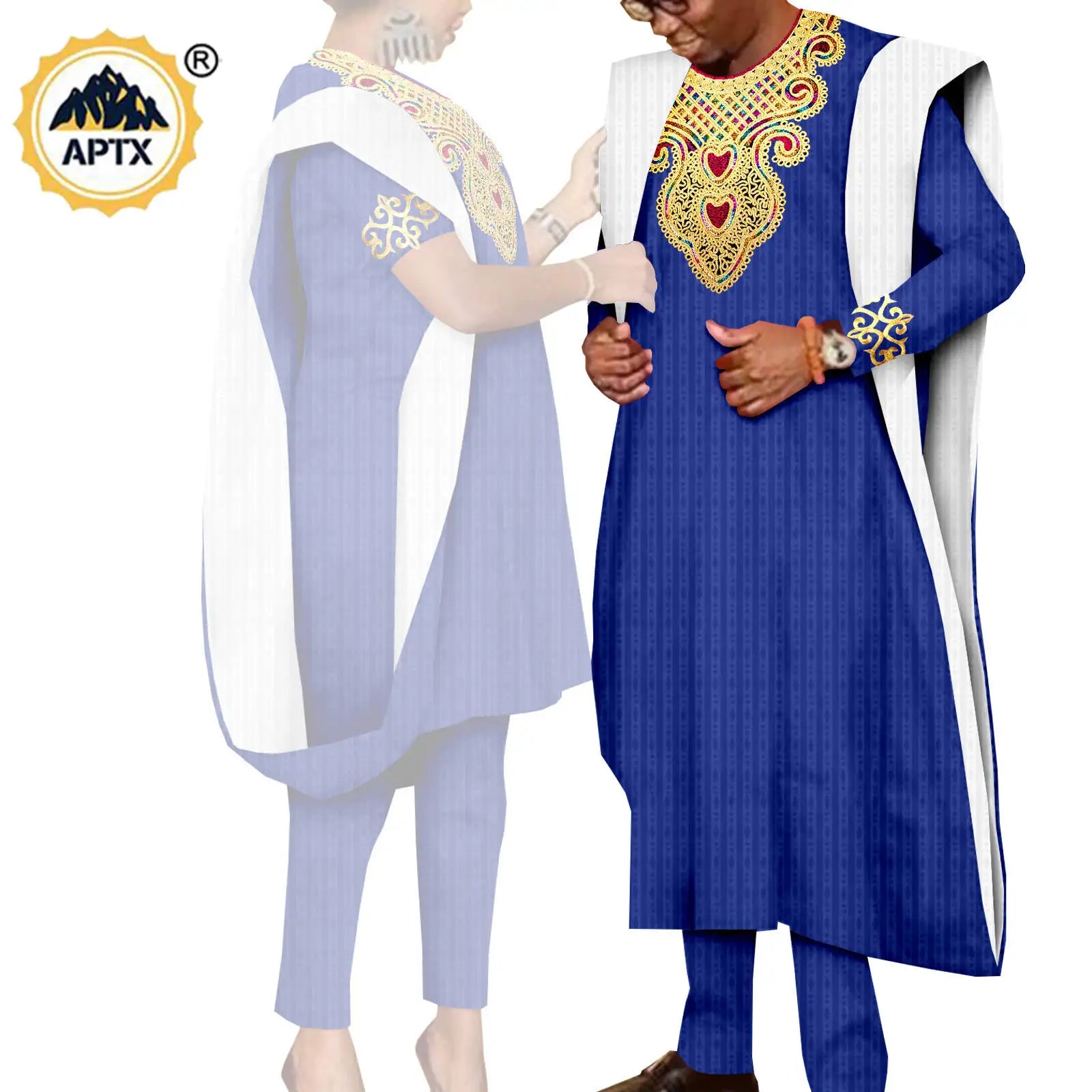 African 3 Pieces Suit for Men Matching Couple Outfits Agbada Dashiki Women Muslim Sets Bazin Riche Applique Robes Asoebi Y23C029