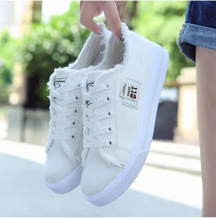 Women's Denim Canvas Sneakers | Low Top Lace-Up Flat Board Shoes | HotTrendyPicks
