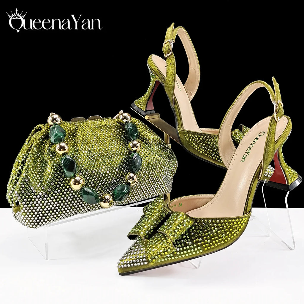 Shiny Italian Fashion Pointed Toe Women High Heel Shoes Mixed Color Effect Rhinestone Decoration Shoes And Bag Set