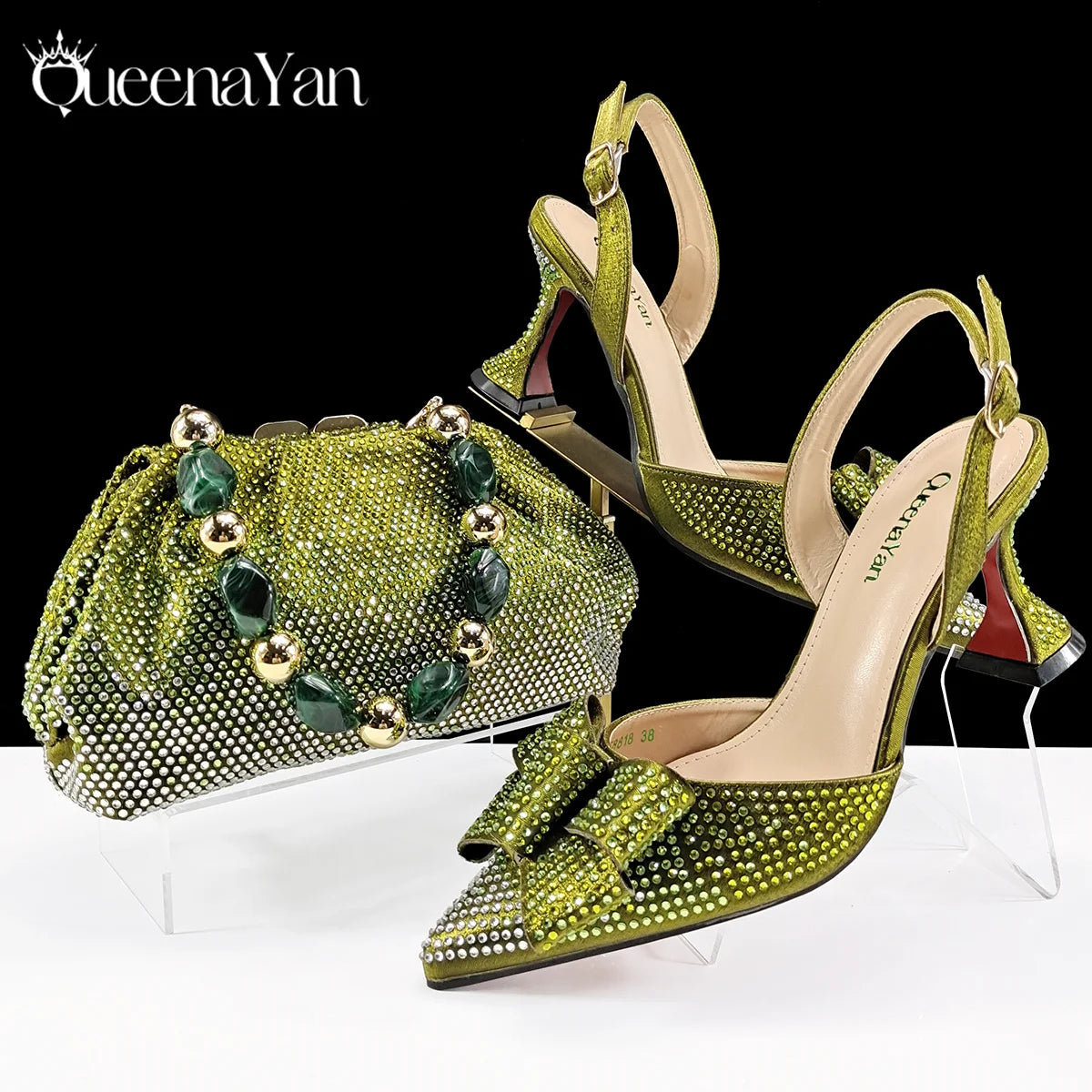 Shiny Italian Fashion Pointed Toe Women High Heel Shoes Mixed Color Effect Rhinestone Decoration Shoes And Bag Set