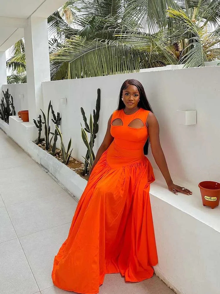 Women's Hollow Out Knitted Maxi Beautiful Orange Elegant Party Dress