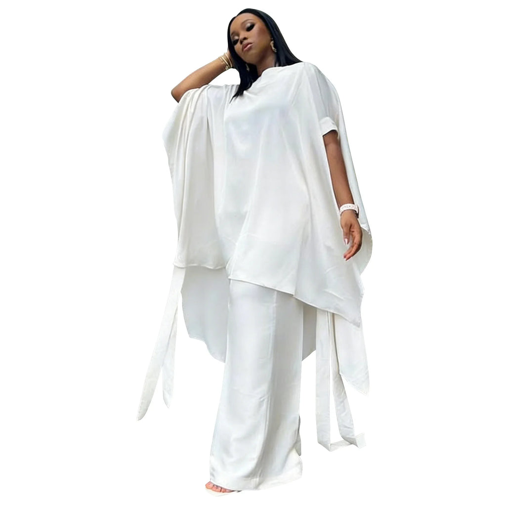Plus Size Summer N8172 Silk Satin Set Design Shoulder Shawl Top Wide Leg Pants Outfit Elegant Street Style for Women Universa...
