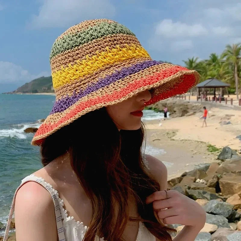 Rainbow Straw Hat Woman Summer Sun Visor Handmade Crochet Big Brim Bucket Hat Ladies Beach Sun Cap Boho Lady Girls Fashion Caps