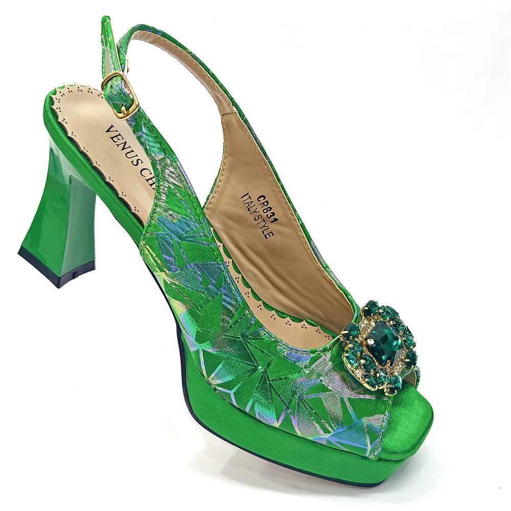 Elegant Women Heels for Peep Toe Good Material Design Rhinestone Fuchsia Sandals Italian Shoes and Bags
