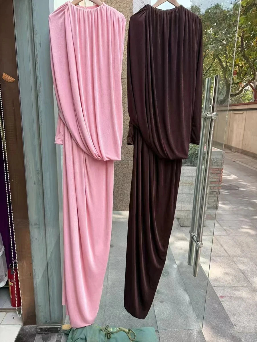 Spliced Folds Irregular Women Round Neck Long Sleeves Tunic Design Sense Long Dress