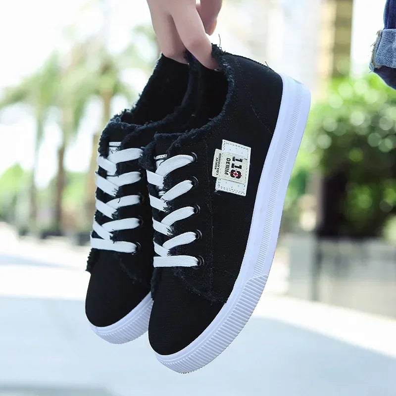 Women's Denim Canvas Sneakers | Low Top Lace-Up Flat Board Shoes | HotTrendyPicks