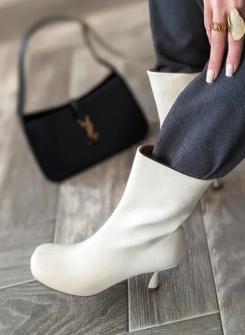 JOZHAMTA Size 34-43 Women Real Leather Thin Heels Ankle Boots Slip On Warm Autumn Winter Sexy Round Toe Elegant Short Boots