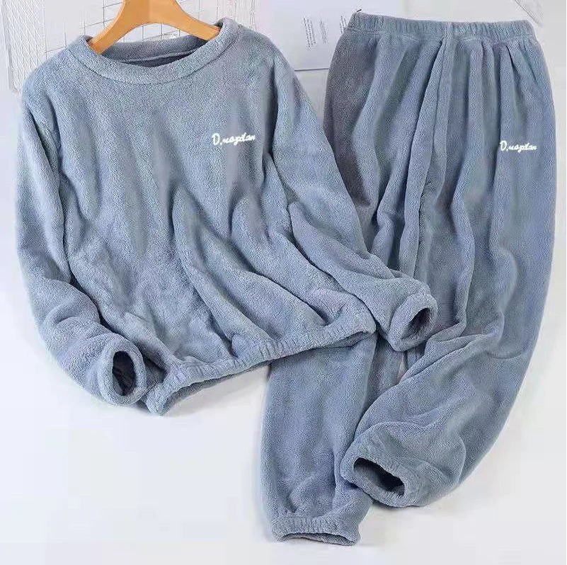 Double-Sided Coral Fleece Pajama Set Thickened Warm Leisure Wear for Autumn Winter Comfortable Polyester Sleepwear