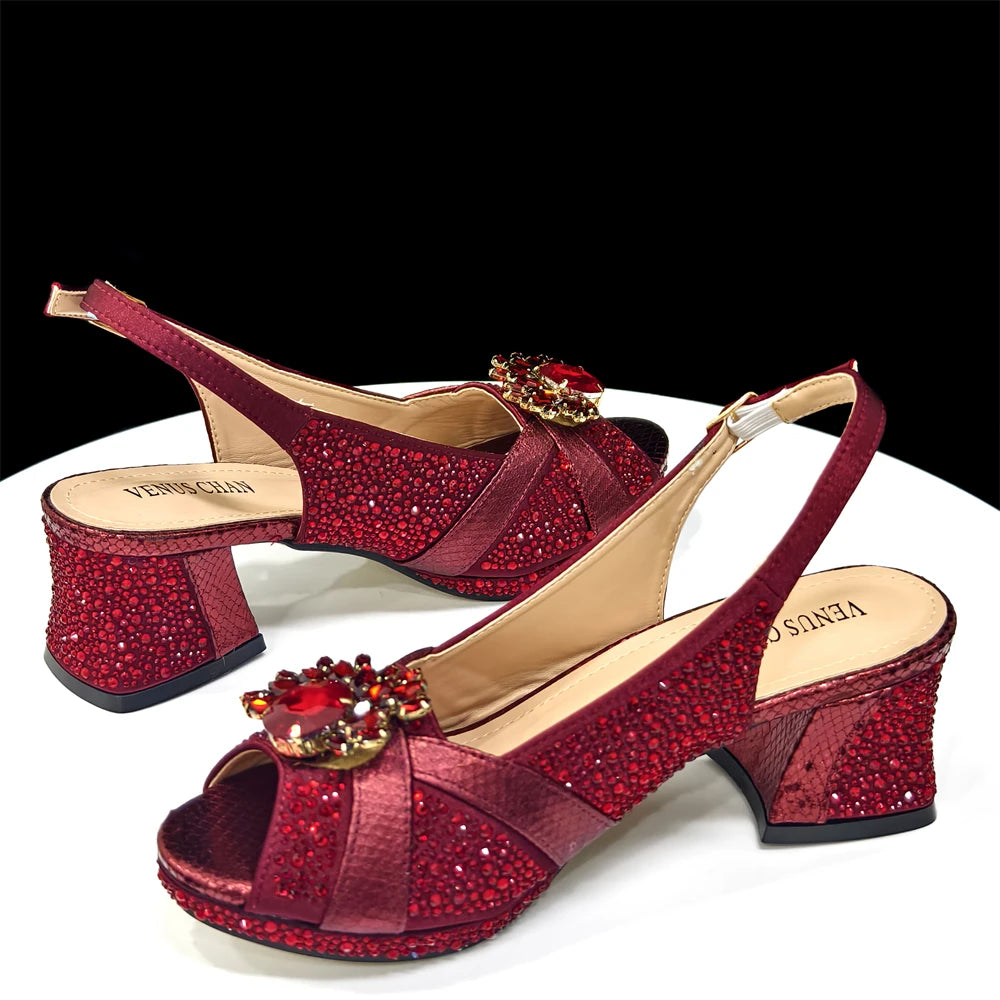 Elegant Women's Peep-Toe Heels and Matching Wine Color Diamond Pumps Set - Stylish Italian Shoes and Bags for Parties