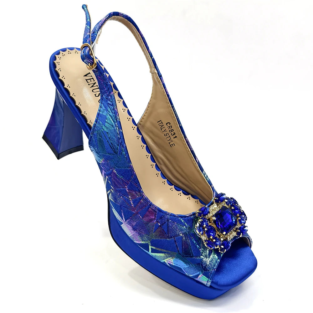 Elegant Women Heels for Peep Toe Good Material Design Rhinestone Fuchsia Sandals Italian Shoes and Bags