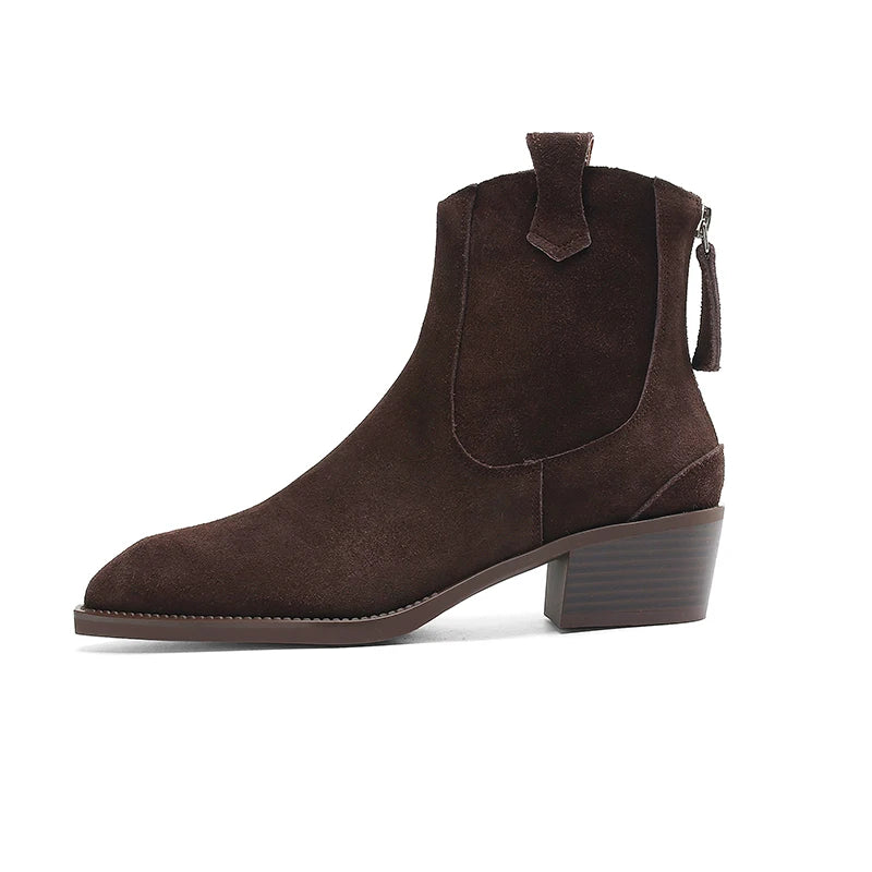 New 2025 Trend Autumn Cow Suede Women Western Boots Black Brown Khaki Chocolate Green Burgundy Pointed Toe Ladies Ankle Boots