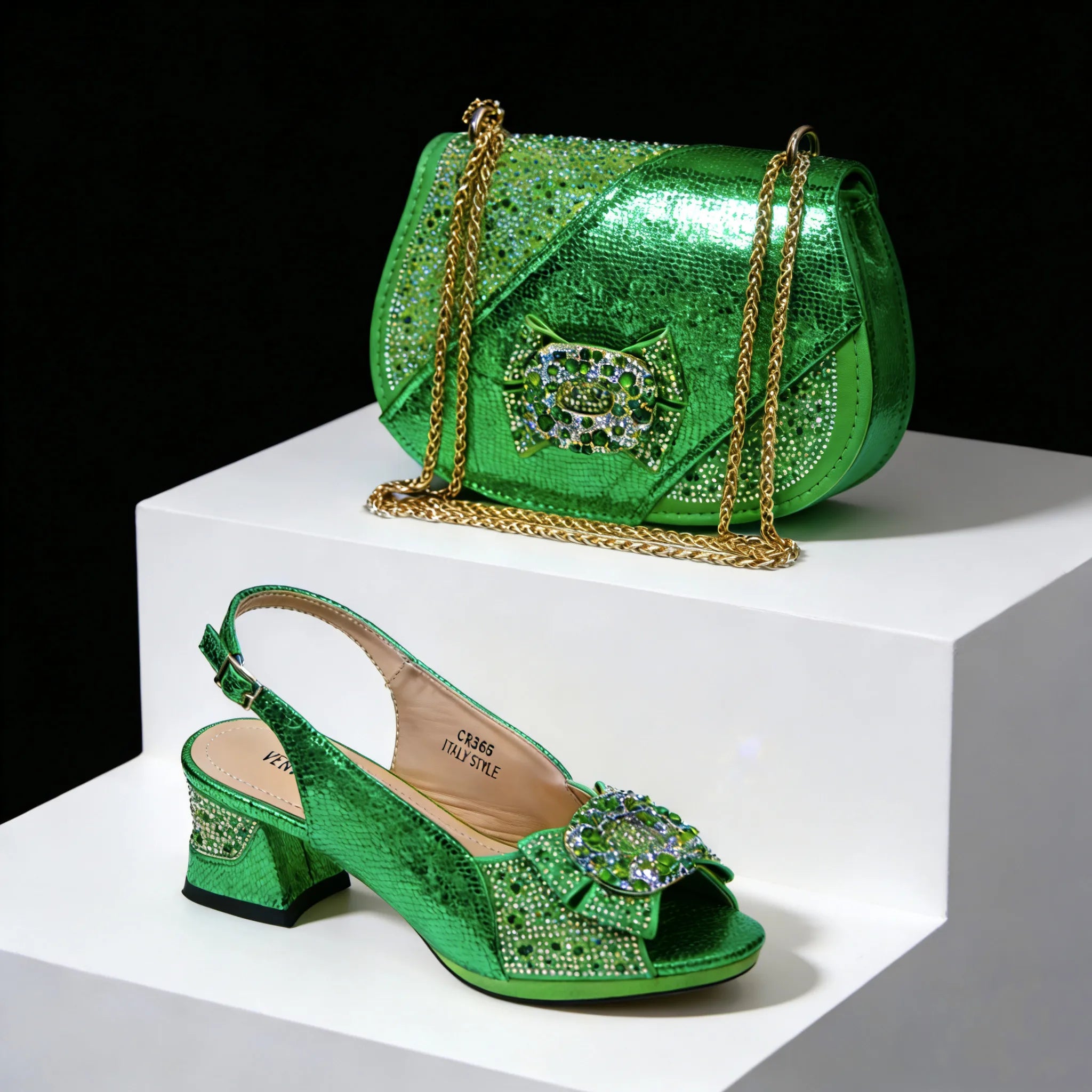 Women Elegant Orange High Heel Shoe and Matching Bag Set with Rhinestone Accents Stylish Peep Toe Design for Party