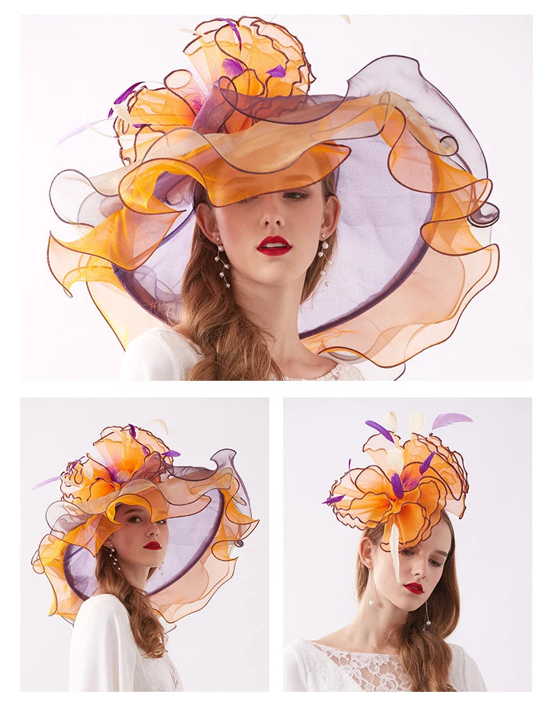Women's Elegant Fascinators Large Wide Brim Church Hat With Big Flower