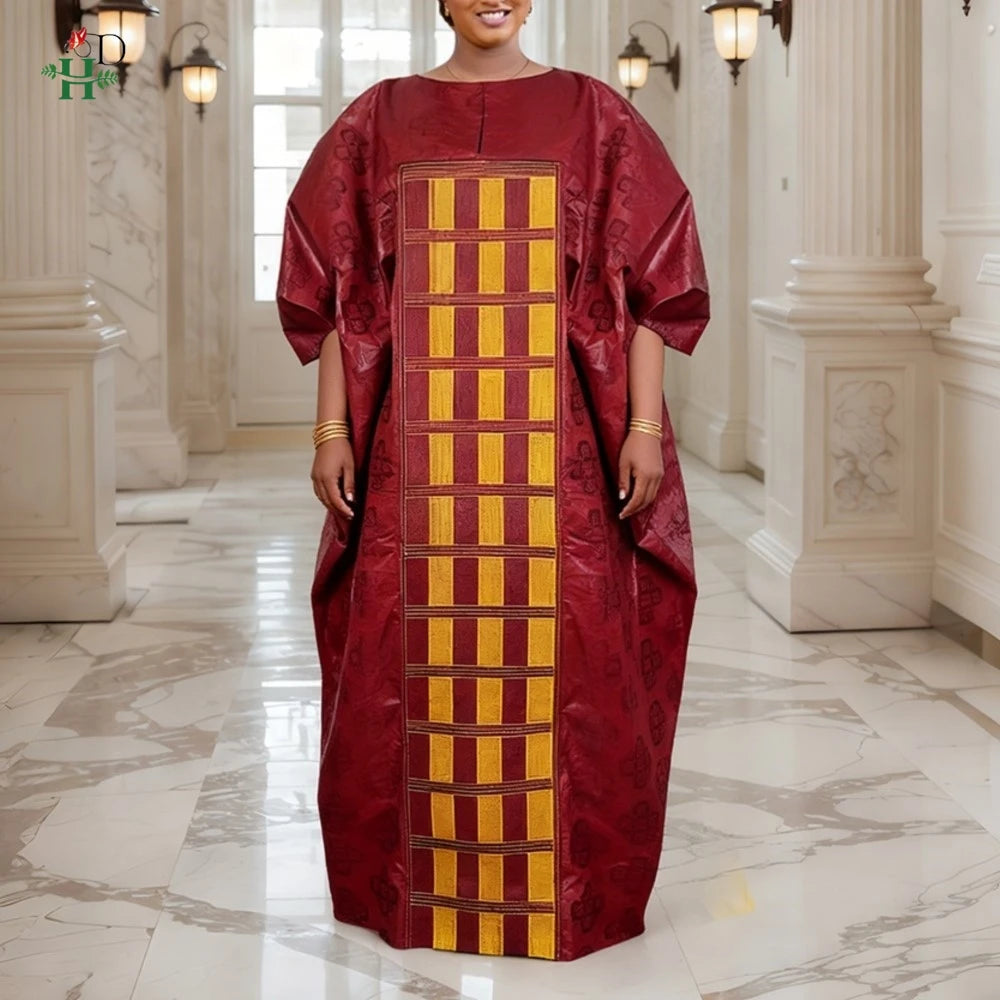 African Plus Size Kaftan Dress | Bazin Embroidery Puff Sleeve Muslim Robe | Wedding & Church