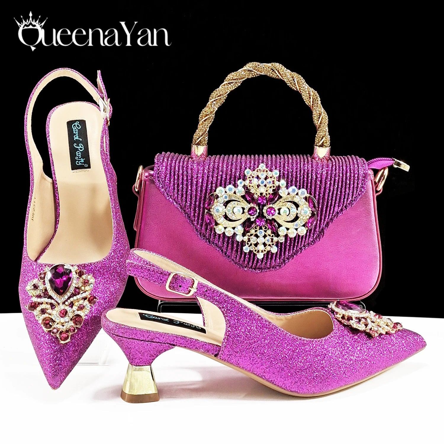 Italian Design Girly Style Silver Color Pointed Toe Wedding Shoes And Bag Full Diamond Decoration Handle Bag