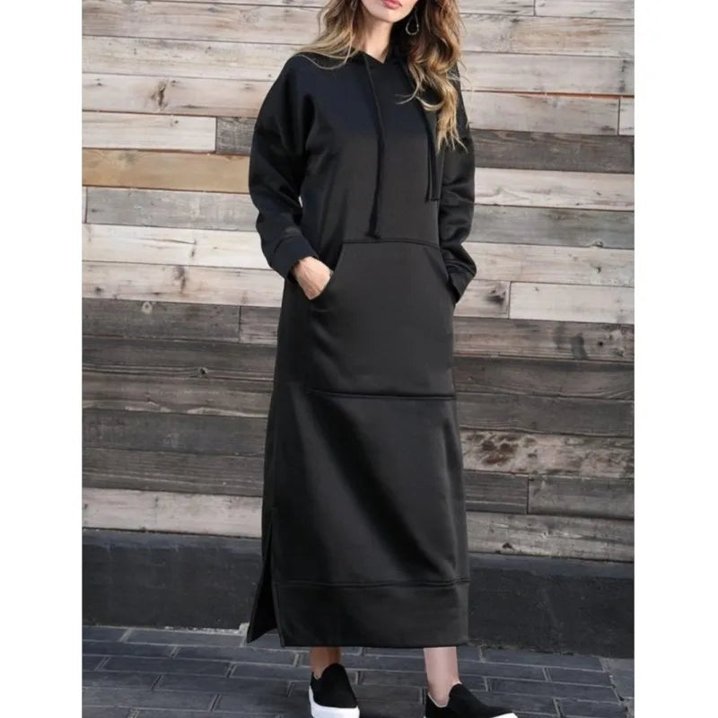 Women's Hoodie Midi Dress | Lace-Up Hem Casual Sweatshirt Long Dress | HotTrendyPicks