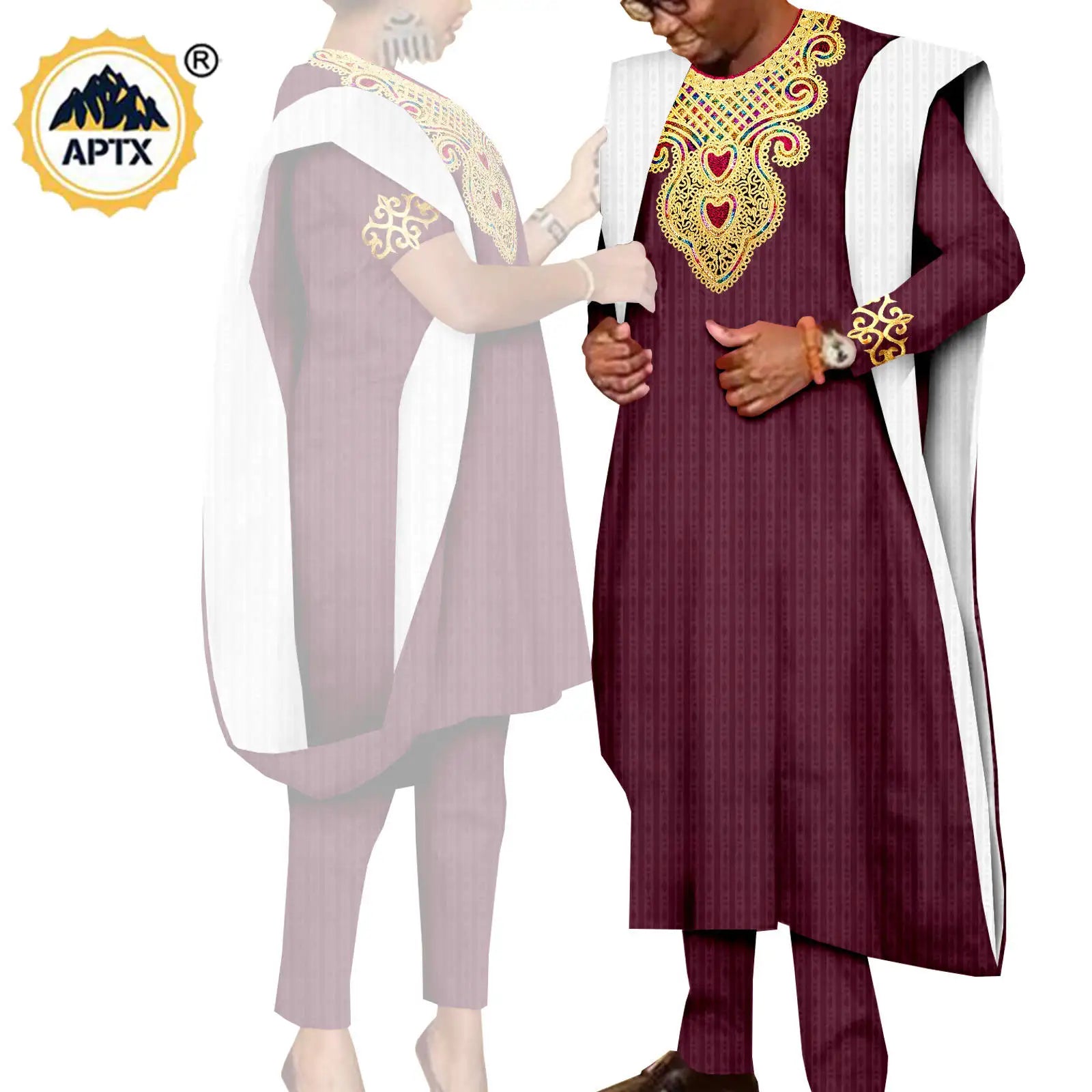 African 3 Pieces Suit for Men Matching Couple Outfits Agbada Dashiki Women Muslim Sets Bazin Riche Applique Robes Asoebi Y23C029