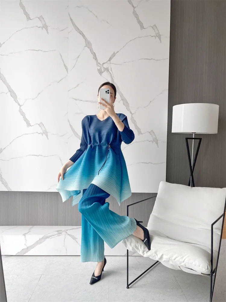 EGRM Gradient Pleated Set Drawstring Slim Full Sleeved Top and High Waisted Wide Leg Pants 2 Piece Sets for Women 2023 New 8RM91