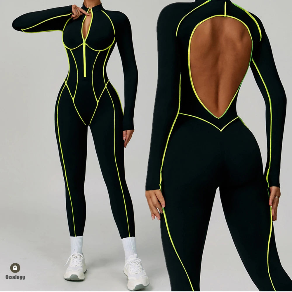 Yoga Set Sports Fitness Hollow Back Skinny Women One-Piece Jumpsuits Workout Legging Clothing Gym Bodysuit  XP83