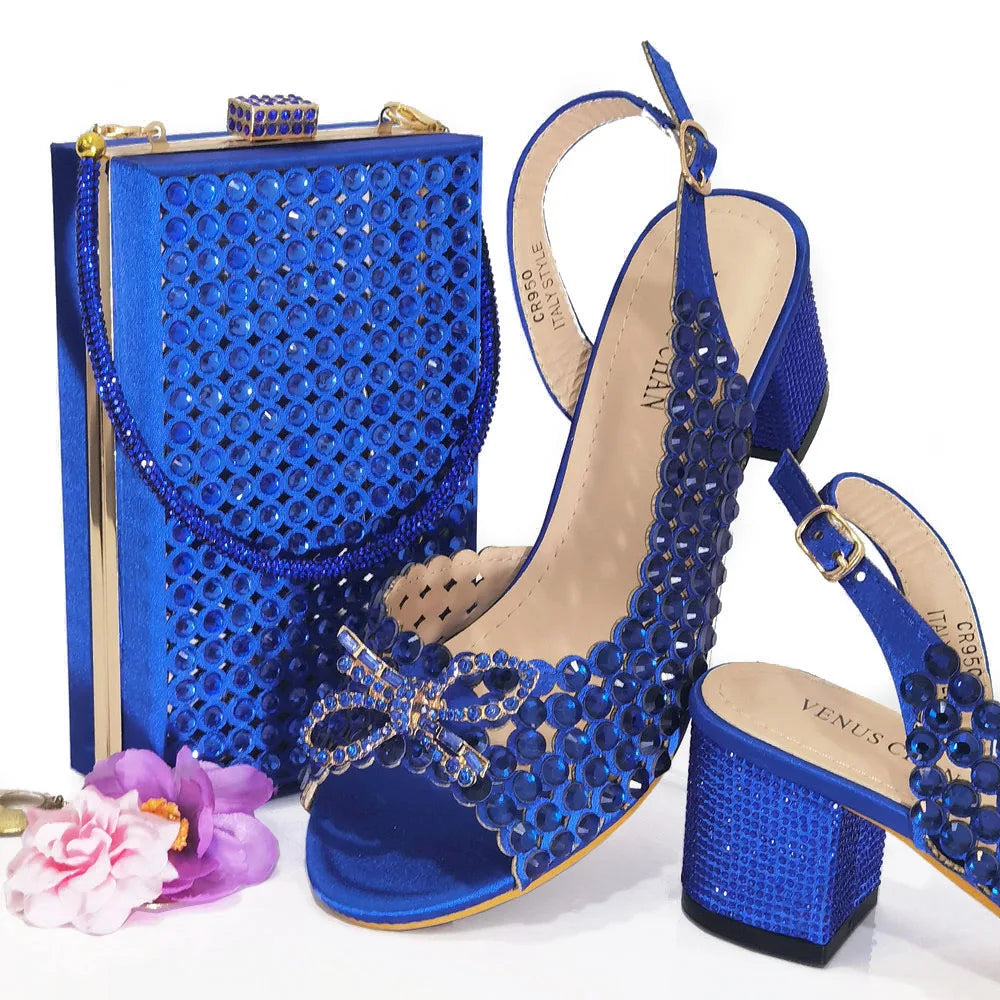 Italian Design Full Drill Elegant Wine Evening High Heels Wedding Party Shoes Matching Clutch Handbag