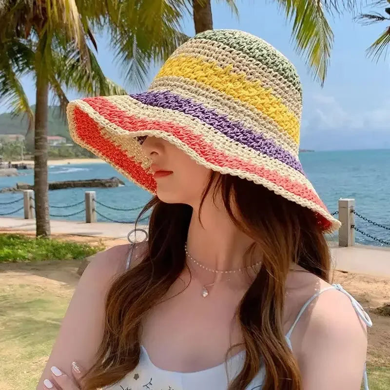 Rainbow Straw Hat Woman Summer Sun Visor Handmade Crochet Big Brim Bucket Hat Ladies Beach Sun Cap Boho Lady Girls Fashion Caps