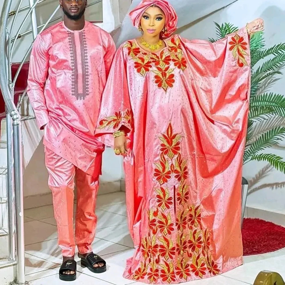 African Couples Matching Dashiki Outfits | Bazin Embroidery Wedding Dress Set | L–4XL