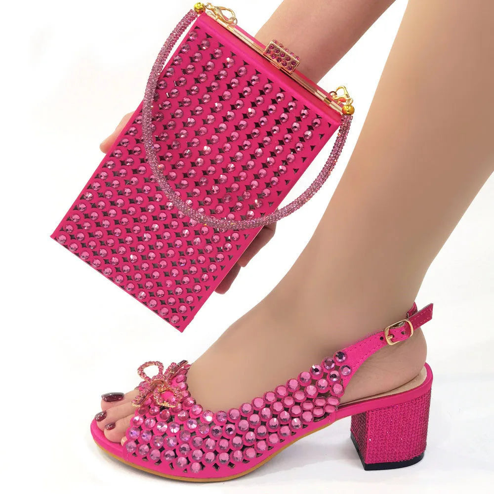 Italian Design Full Drill Elegant Wine Evening High Heels Wedding Party Shoes Matching Clutch Handbag