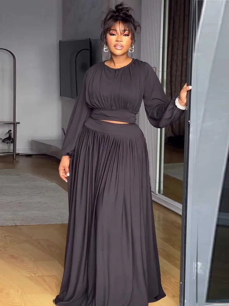 Women's Clothing Autumn 2-piece Long Sleeve Top and Long Skirt Set Casual Dress